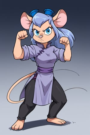 Solo, Furry female, mouse, standing, Gadget Hackwrench beams at the camera, chinese clothes, light blue tangzhuang, black pants, epic kung fu pose,