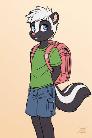 90's style cartoon, solo, male skunk, age: 13, black fur, short white hair, blue eyes, tail, wearing a green t shirt and blue shorts, backpack, school in background.