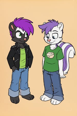 90's style cartoon, duo, male skunk, age: 30, wearing a leather jacket with t shirt and blue jeans, a small skunk boy age: 6, shot purple hair, black fur, wearing a green t shirt and blue shorts.