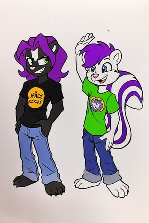 In a vibrant 90's style cartoon, a dynamic duo is featured against a bright, sunny background. Tall, 30-year-old male skunk Rocky proudly wears his leather jacket over a white t-shirt, paired with blue jeans. He strikes a cool pose, one hand resting on the hip of his low-rise pants. Beside him stands his miniature sidekick, 6-year-old Buzz, whose bright purple hair and black fur create a striking contrast. Buzz sports a green t-shirt and matching blue shorts, his eyes shining with excitement as he gazes up at Rocky. The two skunks share a bond of friendship and adventure, set against a backdrop of carefree joy and youthful energy.