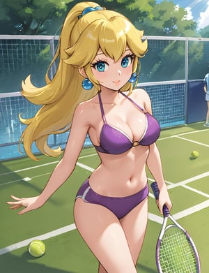 Vibrant tennis court backdrop: sun-kissed green grass, white racket netting, and a bright blue sky. Confident Princess Peach stands tall, purple bikini gleaming in warm sunlight. Her sparkling gaze conveys subtle embarrassment amidst sassy pose, athletic physique on full display. Blonde hair flows freely, earrings catching the light. Murmurs and cheers fade into distance as Peach exudes unyielding self-assurance, owning the scene.