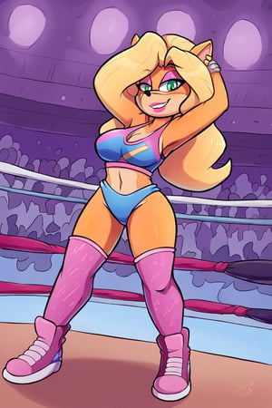 Solo, tawna bandicoot is entering the wrestling ring, she is wearing a mix of blue and pink wrestling outfit, smiling to the crowd.