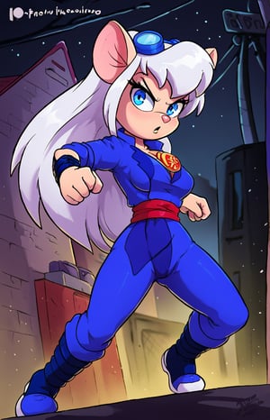 Retro 90's cartoon, Solo, Furry, girl, mice, Long white hair, blue eyes, fighting pose. wearing a red and black ninja outfit, Outfit, With the words saying EM on her yellow badge on her left chest. Night blue trousers. City street background. She likes Listen to the music of a Nsync, Holding a ninja sword on her right hand.