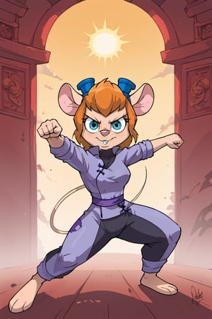 Solo, Furry female, mouse, Gadget Hackwrench beams at the camera, chinese clothes, light blue tangzhuang, black pants, epic kung fu pose, sun rises in background.