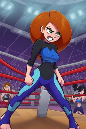 Kim Possible stands triumphantly in the center of a gleaming professional wrestling ring, her bright yellow and blue attire radiating confidence as she prepares for battle. The roaring crowd's enthusiastic cheers echo through the arena, their faces aglow with excitement. Kim's determined gaze is fixed on her opponent, her hands flexed and ready to strike.