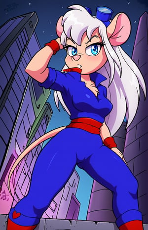 Retro 90's cartoon-inspired scene: Solo, the furry mouse girl with long white hair and piercing blue eyes, strikes a powerful fighting pose amidst a city street backdrop at dusk. Wearing a bold red and blue ninja outfit adorned with a yellow badge featuring the letters 'EM' on her left chest, she stands tall in her night blue trousers. In one hand, she grasps a sleek ninja sword, while the other cradles a boombox blasting Nsync's iconic tunes. The neon-lit cityscape serves as a vibrant canvas for this dynamic heroine.