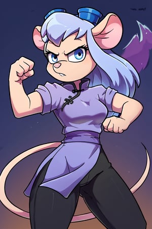 Solo, Furry female, mouse, Gadget Hackwrench beams at the camera, chinese clothes, light blue tangzhuang, black pants, epic kung fu pose, night sky in background.