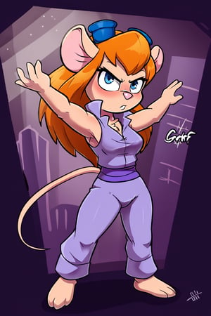 In a gritty cityscape, Gadget Hackwrench, furry female, solo, mouse, stands triumphant, her Sleeveless Martial Arts Kung Fu Taichi Uniform Suit Wushu Nanquan Clothes Outfit radiant under cinematic lighting, casting a heroic silhouette. Her determined gaze and coiled muscles convey an aura of readiness to unleash a whirlwind of spinning kicks and swift punches against an unseen opponent, as the air is charged with electric tension.