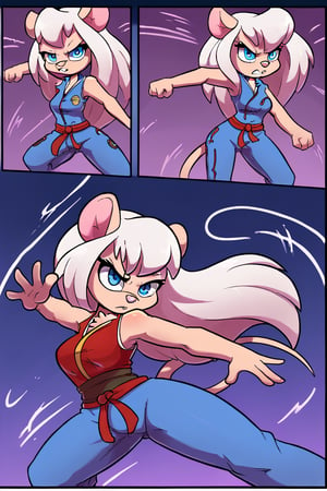 Solo, Furry, girl, mice, Long white hair, blue eyes, long tail, pink nose, fighting pose. wearing a red Sleeveless Martial Arts Kung Fu Taichi Uniform Suit Wushu Nanquan Clothes Outfit, With the words saying EM on her yellow badge on her left chest. Night blue trousers. City street background. Comic  style.