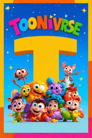 The image is a vibrant and colorful representation of the "Tooniverse" brand, which seems to be targeted at children. The central logo with the letter "T" suggests that this is a branding element for the company or product. The characters are designed is kids with a cartoonish style, featuring exaggerated features like large eyes and smiles, which are typical in children's entertainment media. The presence of various animals and toys among the characters adds to the playful and imaginative atmosphere of the image. The background's blue sky with stars and the multicolored border give a sense of a lively and dynamic environment, possibly hinting at the interactive and engaging nature of the content associated with the brand. Overall, the image conveys a sense of fun, creativity, and youthfulness, which are likely qualities intended to be associated with the "Tooniverse" brand.