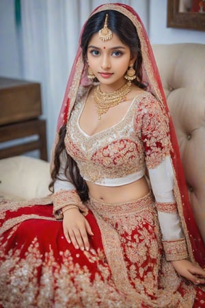 Create a high-quality image of Modern indian girl like dream girl, long hair milky white skin, 20 year old , glamorous body perfect figure, perfect eye blue,, siting on the sofa,wearing Bridal costume with all ornaments,