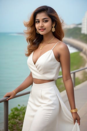 A stunning Indian woman, 20 years young, poses elegantly on a picturesque seaside promenade. Her medium blonde wavy hair cascades down her back, framing her heart-shaped face with double eyelids. Her eyes sparkle with soft expression as she gazes away (1.3 seconds), smiling seductively. The loose long skirt and blouse complement her slender figure, showcasing clean skin with detailed texture and pores. A necklace and small earrings adorn her neck, while pumps heels add a touch of sophistication. Messy hair adds to the charm as the subject's body appears soft and bouncy, rendered in exquisite detail.