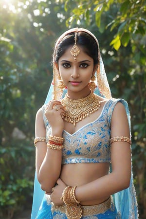 Generate realistic a highly cenametic full photo of a indian girl like dream girl, milky white skin, 20 year old , glamorous body perfect figure, perfect eye blue, wearing Bridal costume with all ornaments,beautiful figure, gorgeous looking, standing pose outdoor background, naturel lighting accentuates her natural beauty, supersharp focus, realistic,