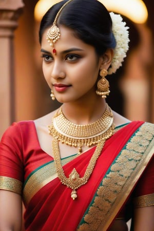 A traditional Indian Girl, standing at eye-level, wears a stunning red saree with intricate gold embroidery, paired with gleaming jewelry, including a statement gold necklace, earrings, and bangles that sparkle in the light. Her raven-black headband is adorned with subtle gold and white details, drawing attention to her serene expression. The blurred backdrop serves as a striking contrast to the woman's vibrant attire, creating a captivating visual composition.