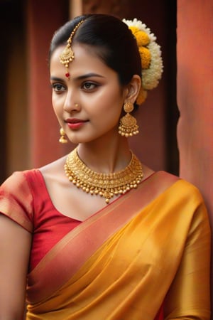 A stunning close-up shot of a woman draped in a vibrant Yellow saree, intricately embroidered with gold thread, as she wears a gleaming gold necklace and earrings. Her sleek ponytail highlights her elegant features. A delicate vermilion dot adorns her forehead, adding a pop of color to her radiant complexion. The rustic red wall behind her serves as a warm, earthy backdrop. The soft light illuminates the left side of the frame, casting a flattering glow on her serene expression.