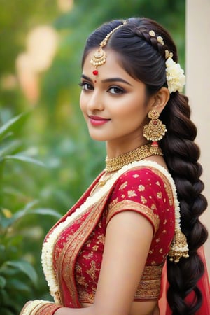 Create a high-quality image of Modern indian girl like dream girl, braided hair milky white skin, 20 year old , glamorous body perfect figure, perfect eye blue,standing in garden,wearing Bridal costume with all ornaments, AI celebrity LOOK and giving a NEAR CAMERA UNIQUE different STRAIGHT good pose and an ai inlfuencer and a colorful  and pretty face and eyes pretty .4K CLEAR,HIGH RESOLUTION CANON CAMERA