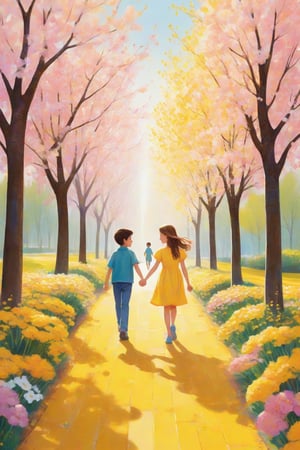 A whimsical illustration of a boy and girl strolling hand-in-hand along a vibrant yellow street lined with blooming flowers and trees, set against a bright white background. The warm spring sunlight casts a gentle glow, illuminating their smiling faces as they walk together in harmony.