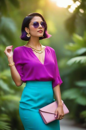 A vibrant woman stands against a soft focus backdrop of lush greenery, her turquoise blouse and pink skirt embroidered with gold catching the eye. She dons a necklace, earrings, and rings, her sleek bob hairstyle framing her face. Her left hand cradles purple sunglasses, while her right arm is raised in a dramatic gesture, illuminating her features against the blurred foliage.