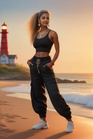 A stunning hiphop dancer poses against the serene seaside backdrop. A young Indian girl with long, curly grey-blonde hair tied in a ponytail stands tall, dressed in all-black attire - loose-fit top and wide cargo pants - and sneakers. Her accessories shine: a necklace and earrings. The vibrant sea sparkles beneath her feet, with the iconic red lighthouse standing sentinel against the warm hues of sunset. In this photorealistic masterpiece, every detail is finely rendered: 32k resolution, ultra-detailed textures, sharp focus, and captivating eyes. A cowboy-shot framing captures the essence of this scene, where the beauty of the dancer harmonizes with the majesty of nature.