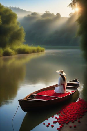 Riverbank panorama: A small boat adrift on a vast, serene river, its wooden slats weathered to perfection. A maiden, dressed in flowing white attire, stands at the bow, her hands cradling an overflowing bouquet of scarlet roses. Water droplets glisten on the petals, refracting sunlight into tiny prisms. The girl's gaze is cast outwards, lost in thought as she surveys the tranquil scene. In the background, lush greenery and distant hills blend seamlessly with the misty atmosphere, creating a sense of depth and distance.