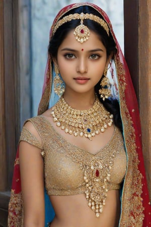 Milky-white skin glistens under soft golden lighting as 20-year-old Indian beauty stands poised in a doorway, her raven-black locks cascading down her back like a waterfall of night. Her flawless figure is accentuated by the bridal costume's intricate embroidery and beading, which catches the light like a thousand tiny diamonds. Her piercing blue eyes sparkle with an inner radiance, as if lit from within. A delicate necklace adorns her slender neck, complementing the ornate headdress that crowns her regal presence. The doorframe's subtle curve frames her statuesque figure, drawing attention to the breathtaking beauty that stands before us.