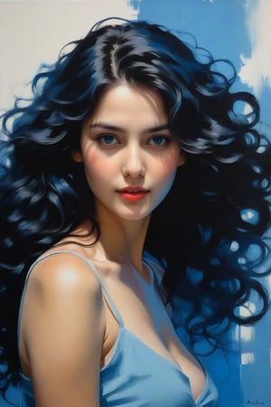 expressive painting of pretty woman with soft lush curly warm long hair, posing, overhead lighting,
detailed shadows, painted with bold and rough lines, black hair, inspired
by Alberto Vargas, Ashley Wood, Da Vinci, the whole painting is in blue colors,
detailed, intricate details, hyperdetailed, Perfect quality, very detailed,
8k, high resolution, detailed textures, sharp focus, high quality, masterpiece,
acrylic painting, trending on pixiv fanbox, palette knife and brush strokes,
studio ghibli genshin impact