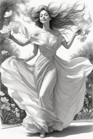 pencil sketch art of excellent fidelity depicting a beautiful
rendering of a lady in bloom, dress sways in the wind,
her hair is wild and messy, but still clean and attractive