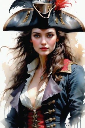 wet ink, female captain Hook in hat with feather, big gray eyes, alluring stance,
embarrassed expression, blushing soft round face, long hair, mixed style
Jean Baptiste Monge, Carne Griffiths, Michael Garmash, Seb Mckinnon, Jeremy Mann,
intricate details, hyper detailed, palette knife and rude brush strokes