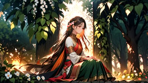 A girl wearing traditional indian attire, sitting with an elegant posture under a tree, with sunlight filtering through the leaves, casting a warm glow on the fabric's intricate patterns. Tree and girl should on right side and left side should have greenery with lots of flowers to add some text