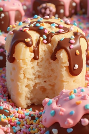 3d animation style, Close-up on a giant sugar cube, visible sugar crystals, glistening with moisture, bite marks taken out of the edges, surrounded by dripping frosting, sprinkles, and melted chocolate, a sense of deliciousness and indulgence, macro photography, extremely detailed, hyperrealistic, 