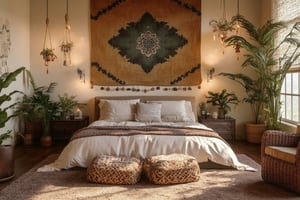 bohemian chic bedroom, tapestry wall hanging, macrame plant hangers, wicker furniture, warm lighting, patterned cushions, cozy rug, wooden floor, dreamcatcher, plants, comfortable, inviting, trending on Pinterest, artstation,