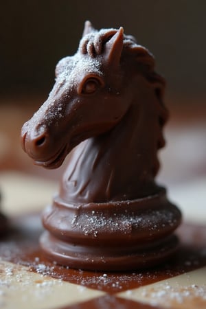 Extreme close-up of a candy chess pawn, intricately carved from marzipan and covered in a thick layer of dark chocolate. The surface is textured with delicate swirls and patterns, dusted with powdered sugar. Every detail is meticulously rendered. Hyperrealistic, 8k resolution, delicious, tempting, confectionery art, food photography.