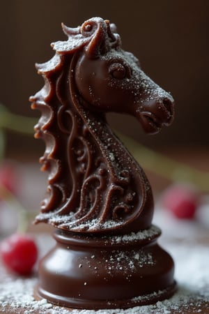 Extreme close-up of a candy chess pawn, intricately carved from marzipan and covered in a thick layer of dark chocolate. The surface is textured with delicate swirls and patterns, dusted with powdered sugar. Every detail is meticulously rendered. Hyperrealistic, 8k resolution, delicious, tempting, confectionery art, food photography.