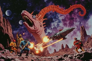 A futuristic spaceship battling a giant space slug against a backdrop of a vibrant nebula, laser beams and explosions, brave astronauts in colorful spacesuits, retro spaceship design, ray guns, cheesy special effects, in the style of Flash Gordon and Ralph McQuarrie, vibrant colors, dynamic composition, 80s sci-fi aesthetic, comic book style,