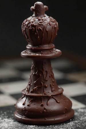 Extreme close-up of a candy chess pawn, intricately carved from marzipan and covered in a thick layer of dark chocolate. The surface is textured with delicate swirls and patterns, dusted with powdered sugar. Every detail is meticulously rendered. Hyperrealistic, 8k resolution, delicious, tempting, confectionery art, food photography.