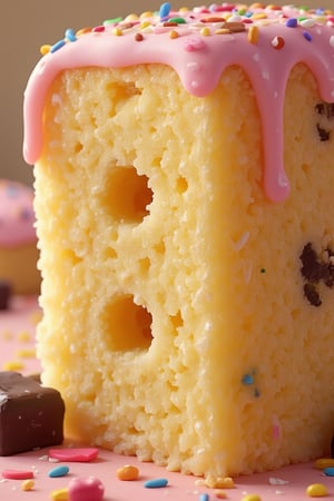 3d animation style, Close-up on a giant sugar cube, visible sugar crystals, glistening with moisture, bite marks taken out of the edges, surrounded by dripping frosting, sprinkles, and melted chocolate, a sense of deliciousness and indulgence, macro photography, extremely detailed, hyperrealistic, 