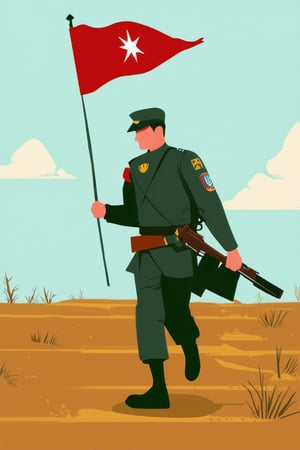 Flat Illustration, a brave soldier walking with flag to capture