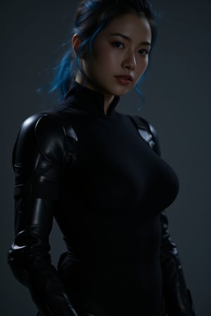 nude woman, In a dystopian, high-tech future, an alluring augmented reality scene presents a striking young female enhanced mercenary with an electric blue hair streak. Shot from a low angle, backlighting highlights their sharp jawline, intense gaze, and confident expression. Clad in a sleek, high-collared, all-black nano-weave utility jumpsuit that showcases their toned physique, utility straps on the suit's sleeves hint at hidden gear and tools. Their lean figure is accented one mechanical arm, and a left mechanical stands out in the dim light. Inspired by the visionary works of Chris Cold, H.R. Giger, and Guweiz, this haunting digital render embodies a deadly mercenary with a penchant for stealth and precision.