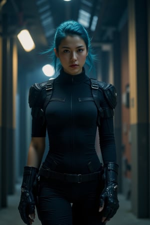 In a dystopian, high-tech future, an alluring augmented reality scene presents a striking young female enhanced mercenary with an electric blue hair streak. Shot from a low angle, backlighting highlights their sharp jawline, intense gaze, and confident expression. Clad in a sleek, high-collared, all-black nano-weave utility jumpsuit that showcases their toned physique, utility straps on the suit's sleeves hint at hidden gear and tools. Their lean figure is accented one mechanical arm, and a left mechanical stands out in the dim light. Inspired by the visionary works of Chris Cold, H.R. Giger, and Guweiz, this haunting digital render embodies a deadly mercenary with a penchant for stealth and precision.