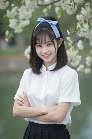 [01]Realistic photograph, Portrait of a high school girl with shoulder-length hair, tied with a blue bow, wearing a traditional Thai school uniform, a white short-sleeved shirt and a black skirt, standing by the water. She looks at the camera, has a charming, captivating smile, her arms are crossed and she seems to be enjoying the moment. The background is covered in flowers, suggesting that it may be a park or recreational area near the river. IMG_12345.HEIC/CR2/NEF/etc.