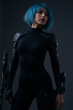 In a dystopian, high-tech future, an alluring augmented reality scene presents a striking young female enhanced mercenary with an electric blue hair streak. Shot from a low angle, backlighting highlights their sharp jawline, intense gaze, and confident expression. Clad in a sleek, high-collared, all-black nano-weave utility jumpsuit that showcases their toned physique, utility straps on the suit's sleeves hint at hidden gear and tools. Their lean figure is accented one mechanical arm, and a left mechanical stands out in the dim light. Inspired by the visionary works of Chris Cold, H.R. Giger, and Guweiz, this haunting digital render embodies a deadly mercenary with a penchant for stealth and precision.