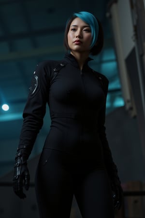 nude woman, In a dystopian, high-tech future, an alluring augmented reality scene presents a striking young female enhanced mercenary with an electric blue hair streak. Shot from a low angle, backlighting highlights their sharp jawline, intense gaze, and confident expression. Clad in a sleek, high-collared, all-black nano-weave utility jumpsuit that showcases their toned physique, utility straps on the suit's sleeves hint at hidden gear and tools. Their lean figure is accented one mechanical arm, and a left mechanical stands out in the dim light. Inspired by the visionary works of Chris Cold, H.R. Giger, and Guweiz, this haunting digital render embodies a deadly mercenary with a penchant for stealth and precision.