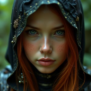 Assasin's Creed concept art Midjourney, MJ, Midjourney style, realism, cinematic quality, macro. ai copilot conceptual creative hyperrealistic. Young sexy woman, 27 years old, red hair, with triangular chin.