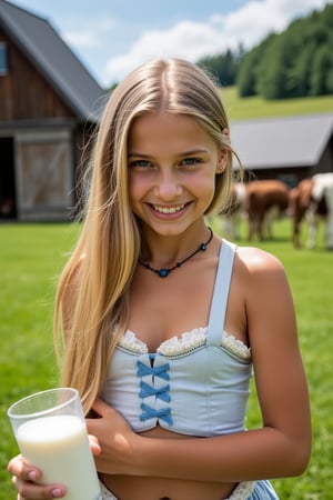 1girl, (((12 year old))), cute, sweet, finely detailed beautiful face, finely detailed legs, randy look on face, perfect shiny skin, small ass, beautiful waist, beautiful hip, photography by David Dubnitskiy, Detailedface, photorealistic, 
(((very long blonde hair, very light blue eyes, very dark tanned skin, ancestry Germany))), 
(((full body view, head to toe, bare arms, bare legs, bellyfree, skinny, fit, fitness, abs))), 
(((natural lighting, shadows and reflections, face expressions, Happy expression on face, perfect white teeth, outdoors, Summertime, bright sunshine, wearing a traditional short Dirndl with skirt, traditional Bavarian Farmhouse and barn with cows in Background, Holding a Glass of Milk to viewer, dynamic pose))),