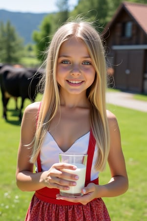 1girl, (((12 year old))), cute, sweet, finely detailed beautiful face, finely detailed legs, randy look on face, perfect shiny skin, small ass, beautiful waist, beautiful hip, photography by David Dubnitskiy, Detailedface, photorealistic, 
(((very long blonde hair, very light blue eyes, very dark tanned skin, ancestry Germany))), 
(((full body view, head to toe, bare arms, bare legs, bellyfree, skinny, fit, fitness, abs))), 
(((natural lighting, shadows and reflections, face expressions, Happy expression on face, perfect white teeth, outdoors, Summertime, bright sunshine, wearing a traditional short Dirndl with skirt, traditional Bavarian Farmhouse and barn with cows in Background, Holding a Glass of Milk to viewer, dynamic pose))),