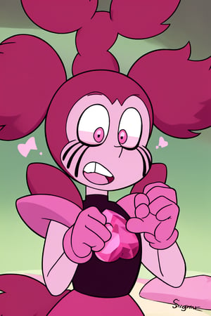 Spinel, pink hair,pink hair,Steven Universe, 1girl, solo, master piece, perfect body, pigtail hair, pink gloves, nose, 2 pigtails, perfect nose, spike pigtails, perfect face,