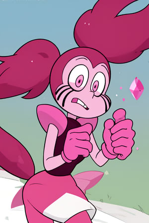 Spinel, pink hair,pink hair,Steven Universe, 1girl, solo, master piece, perfect body, pigtail hair, pink gloves, nose, 2 pigtails, perfect nose, spike pigtails, perfect face,