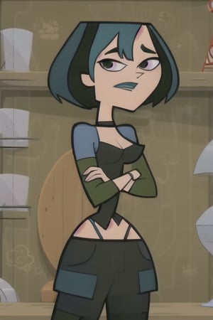 score_9, score_8_up, 2D, 1girl, solo, source_cartoon, cowboy shot, closeup, joan of arc, wide hips, narrow waist, 1girl, solo, solo focus, looking at viewer, choker, black eyes, lipstick, black top, long sleeves, cleavage, crossed arms, standing, midriff, green pants, black boots, indoors, school  