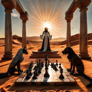 A cinematic desert scene, a giant chessboard with greek columns, a single white queen bristles with blades, two black rooks stand foreboding in the foreground, incredible detail, giant game of chess, sun setting in the background, epic scene, desert sunset,