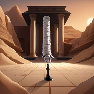 Rugged desert temple ruins provide the dramatic backdrop as the resurrected Mummy, wrapped in tattered linen bandages, makes a calculated move against his cunning black Shadow opponent. Chess pieces and ancient artifacts scattered across the sandy floor, as the Golden Sun sets behind, casting an eerie glow on the mystical game.